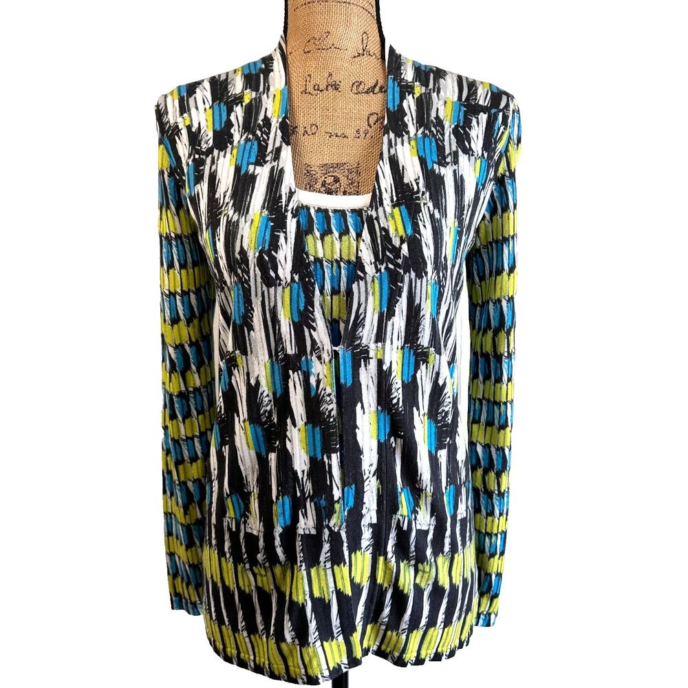 Carlisle Blue Green Abstract Geo Print Cotton Blend 2 Pc Cardigan Tank Set Sz M